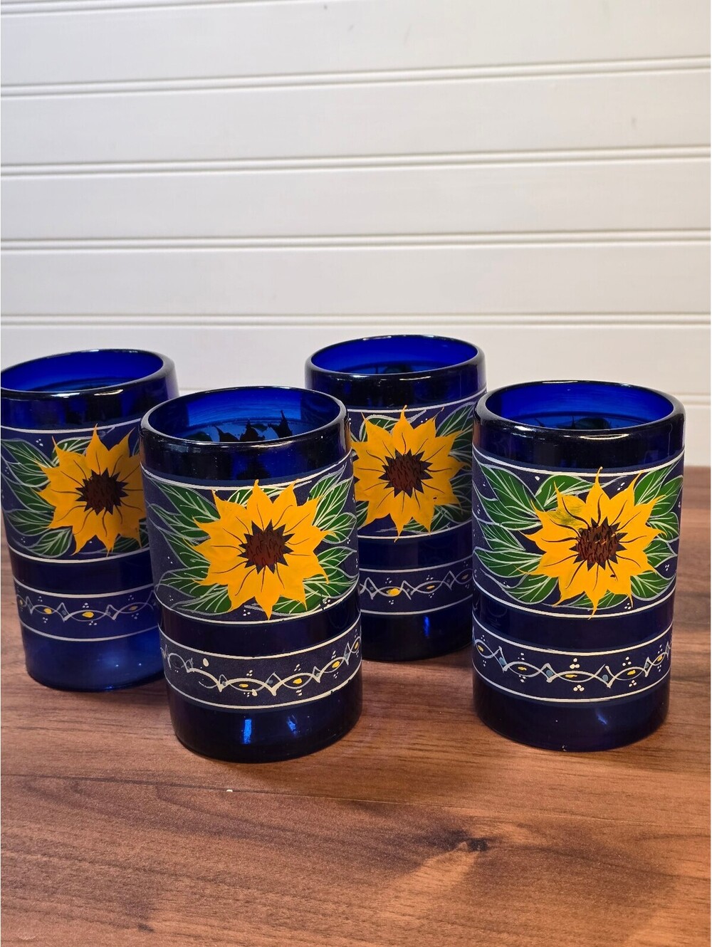 Set of 4 Vintage Blue Glass Tumblers with Hand-Painted Sunflower Design